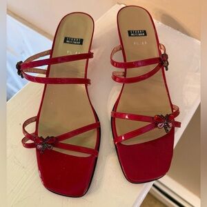 Stuart Weitzman Red Patent Leather, Kitten-heel Sandals w/dragonfly charm 9.5 AA